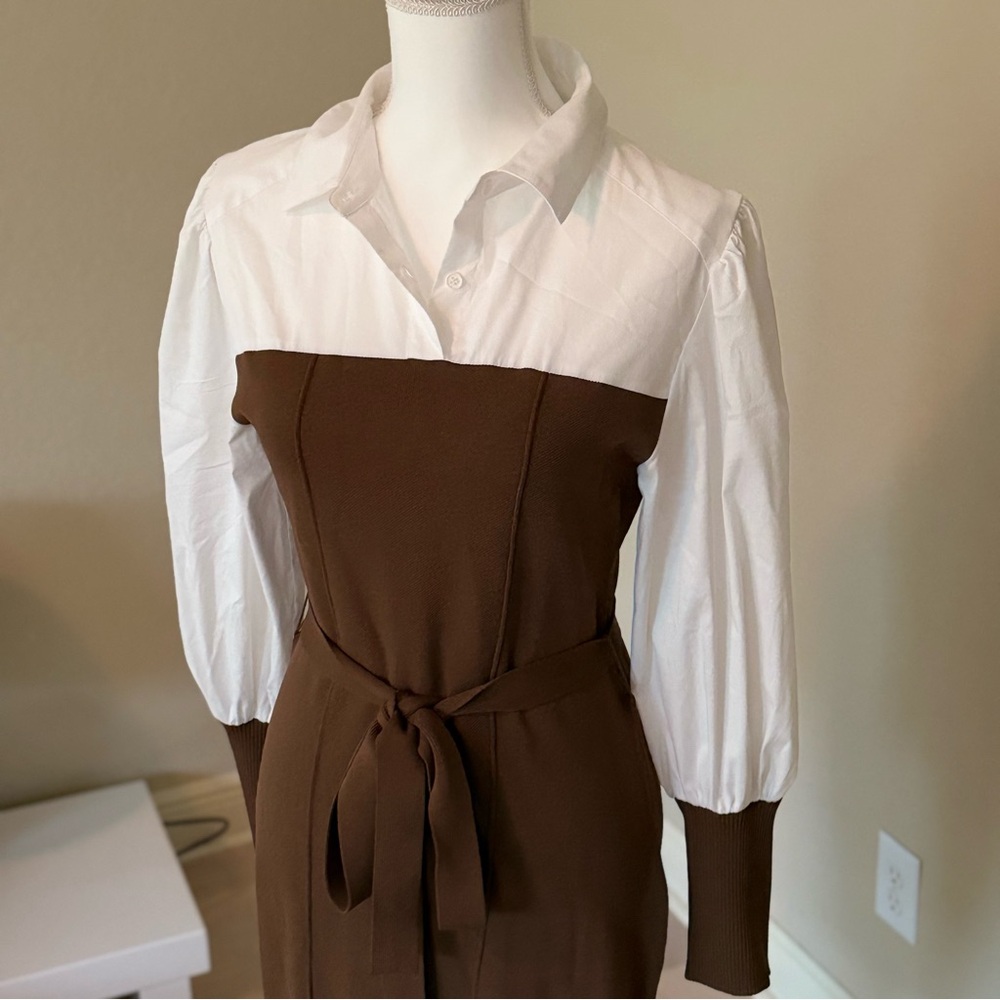 New York & Company Brown and White Sheath Dress with Bishop Sleeves NWOT - Picture 4 of 9